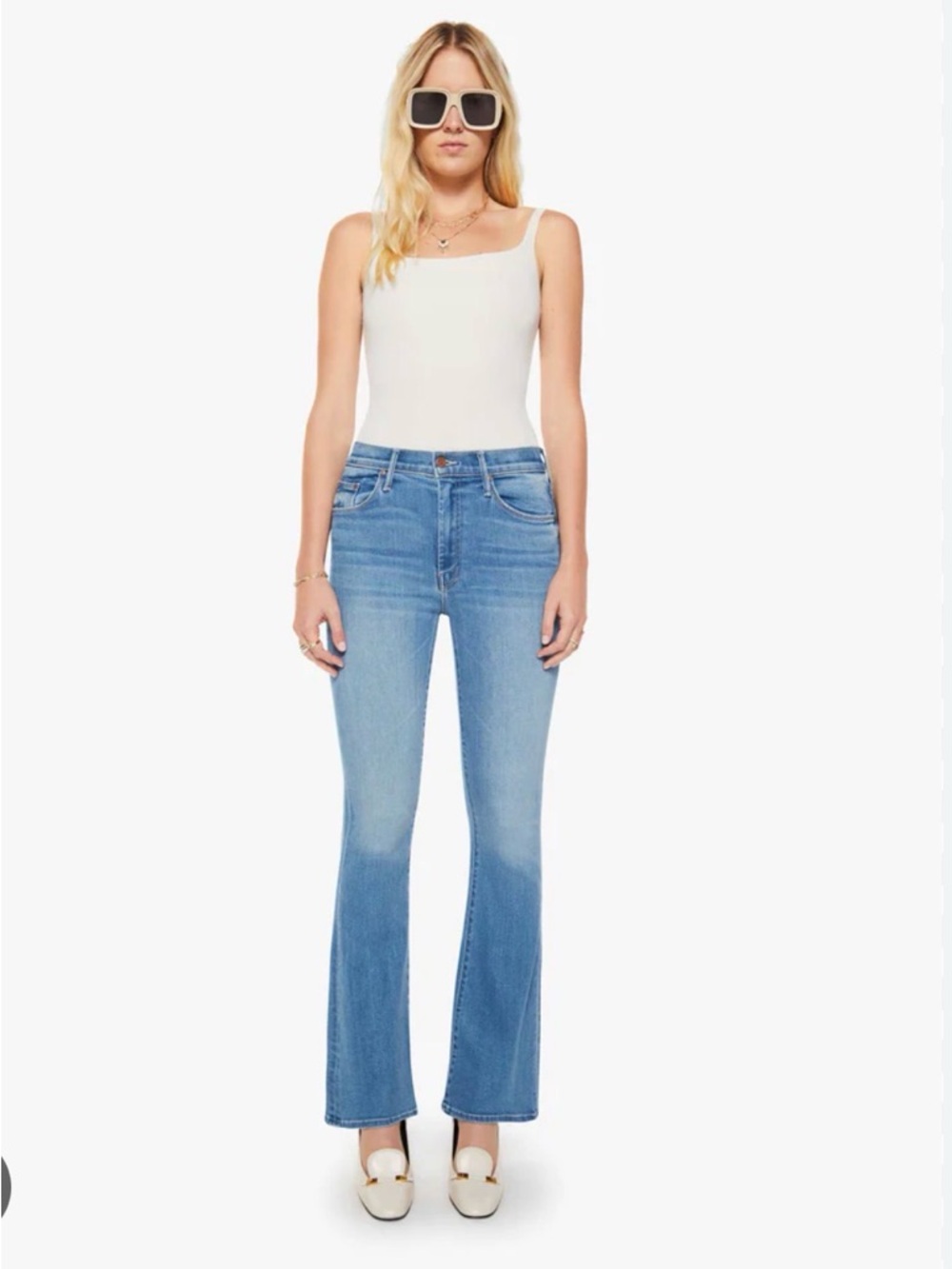 Mother The Weekender  Light Blue High-Rise Flare Jeans